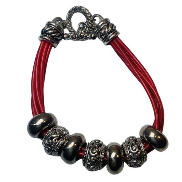 Vintage Red Paisley Swirl Heart Pendant Silver Statement Necklace Bracelet Set - Picture 6 of 6